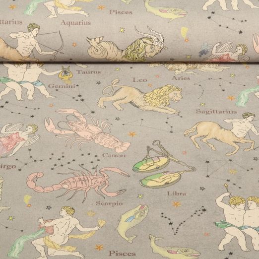 Toile de coton canevas Hugo & Hilda - Signes du zodiaque Gris