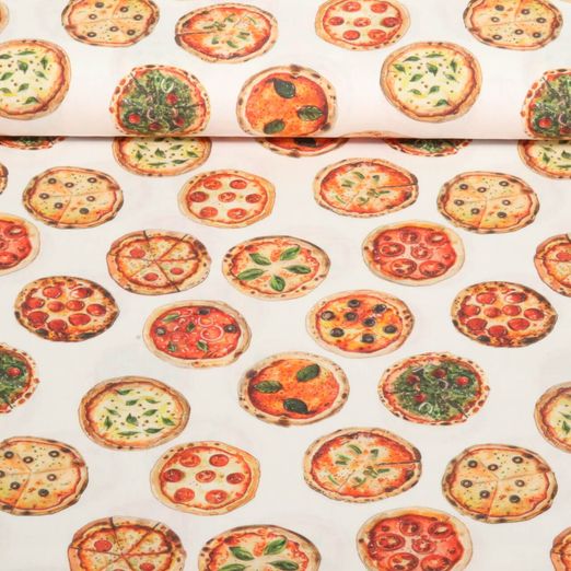 Cretonne de coton - Impression digitale Pizza Blanc