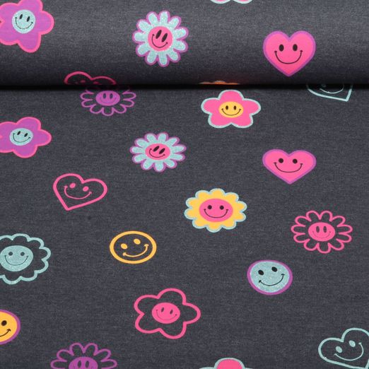 Jersey - Smileys et paillettes Mélange Bleu indigo