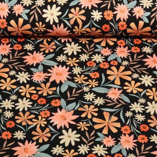 Jersey - Digitaldruck Blumen Schwarz 