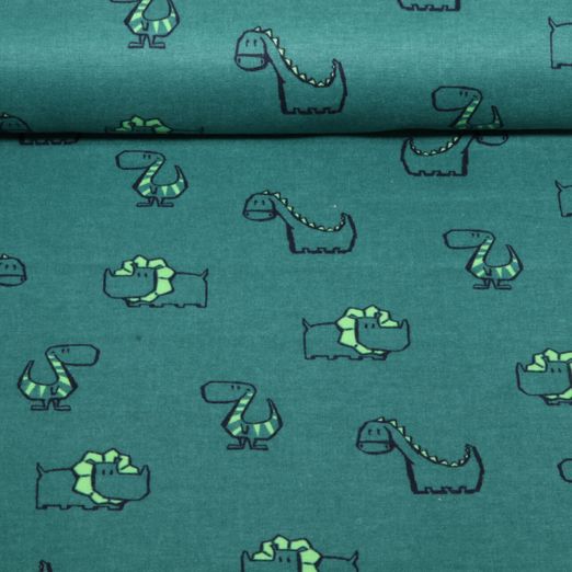 Flanelle de coton - Dinosaures Vert pétrole