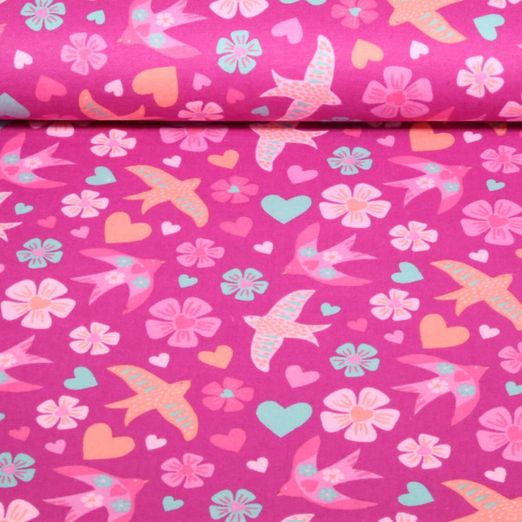 Flanelle de coton - Oiseaux Fuchsia