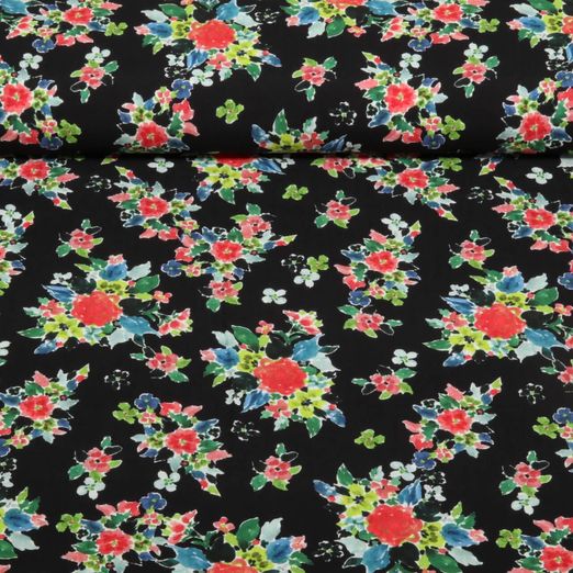 Viscose EcoVero - Impression digitale Fleurs Noir