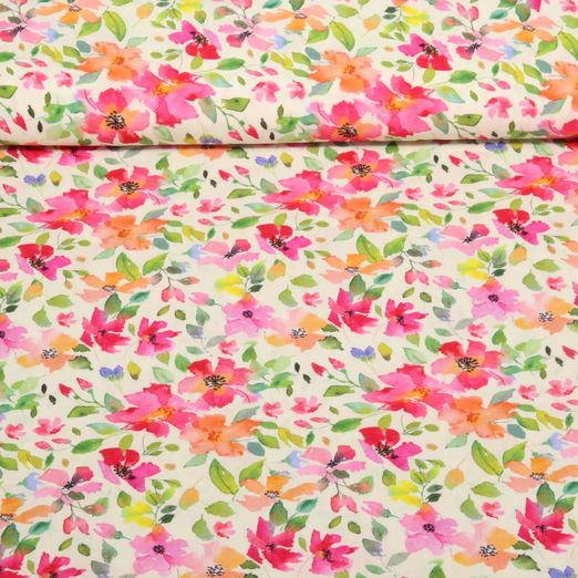 Viscose - Impression digitale Fleurs en aquarelle Ecru