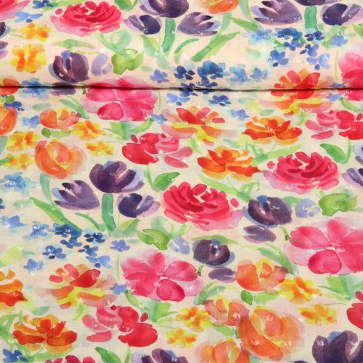 Viscose - Impression digitale Fleurs Plumetis Blanc