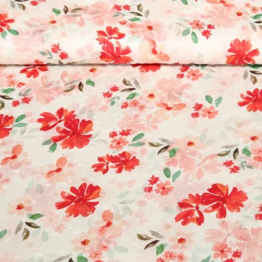 Viscose - Impression digitale Fleurs Plumetis Blanc
