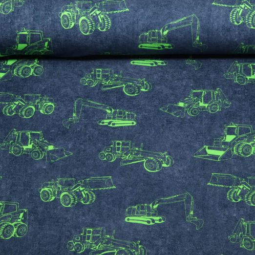 Jersey - Impression digitale Engins de chantier Bleu Fluo