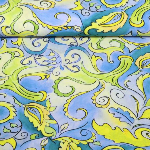 Viscose - Impression digitale Feuilles Bleu