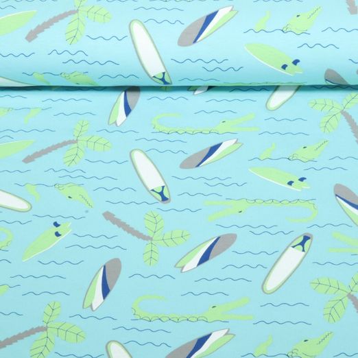 Jersey Sanetta - Planche de surf et crocodiles Turquoise