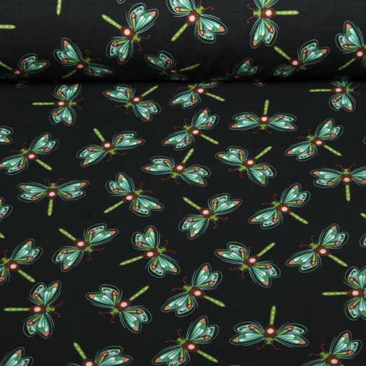 Mousseline bio lisse - Hamburger Liebe Impr. digi. Beetles & Bugs Dragonfly Noir