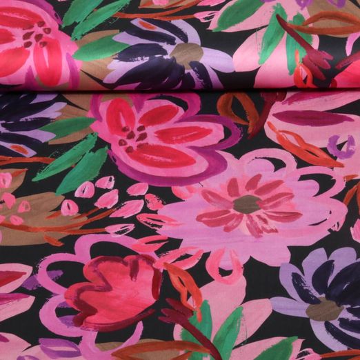Satin de coton - Impression digitale Fleurs Noir Multicolore