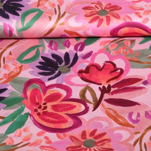 Satin de coton - Impression digitale Fleurs Rose Multicolore
