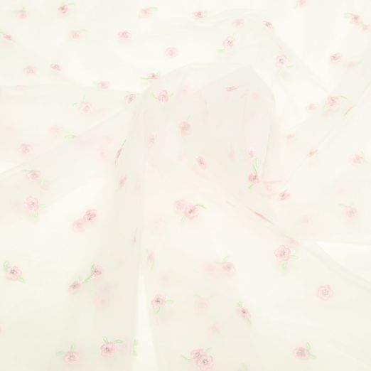 Tulle souple - Petites fleurs brodées Blanc