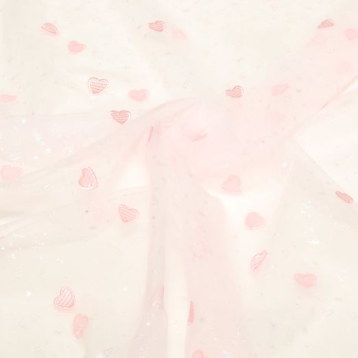 Tulle souple - Coeurs brodés Rose