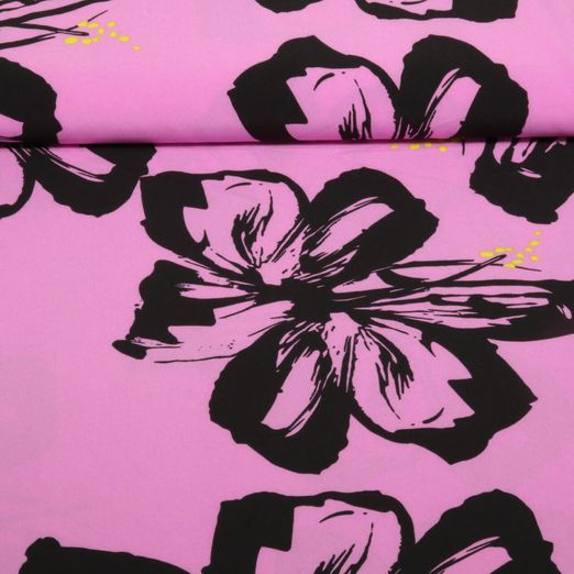 Tissu robes et blouses stretch - Grandes fleurs Rose vif