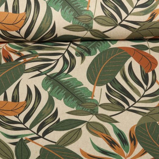 Toile canevas durable - Aspect lin Feuilles tropicales Beige