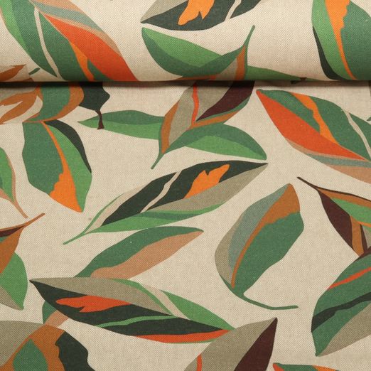 Toile canevas durable - Aspect lin Feuilles colorées Beige