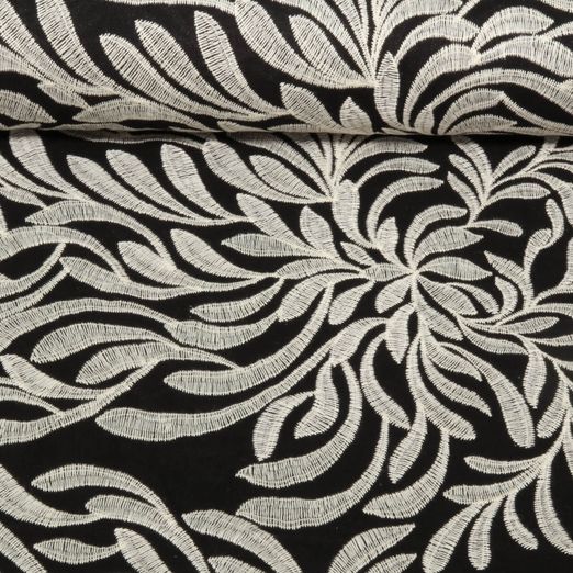 Lin viscose - Feuilles brodées Noir