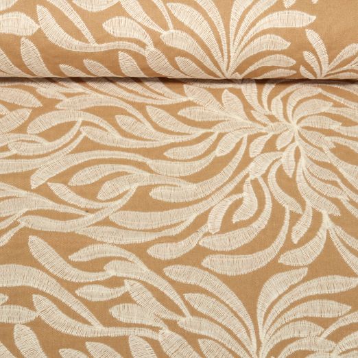 Lin viscose - Feuilles brodées Marron