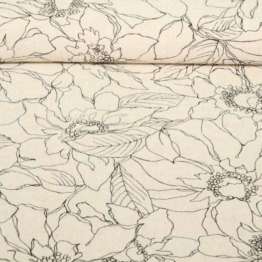 Lin viscose - Fleurs et feuilles Beige Noir