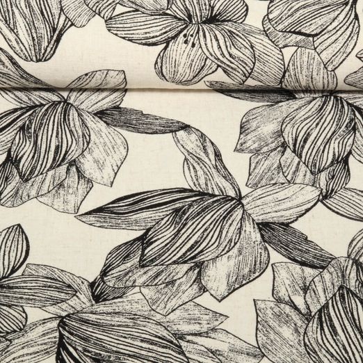 Lin viscose - Fleurs Beige Noir