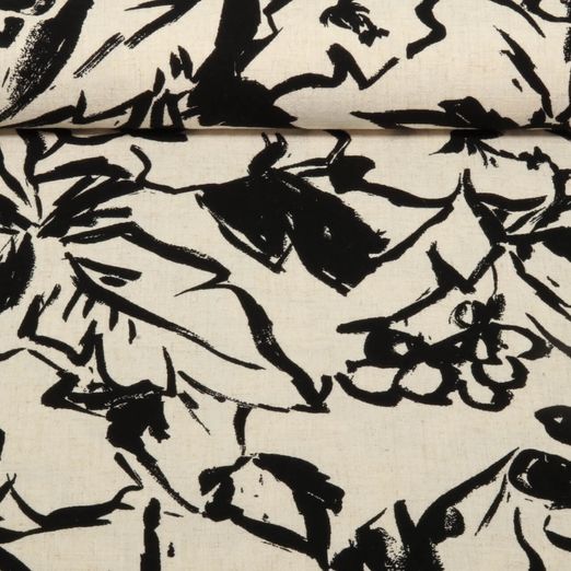 Lin viscose - Feuilles peintes Beige Noir