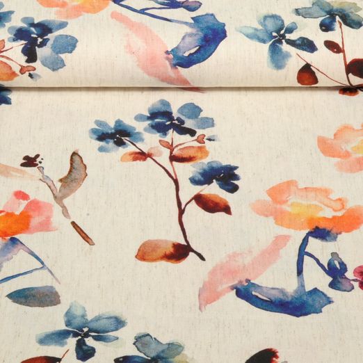 Lin viscose - Impression digitale Fleurs en aquarelle Beige Bleu