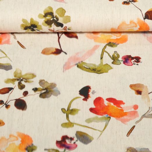 Lin viscose - Impression digitale Fleurs en aquarelle Beige Vert