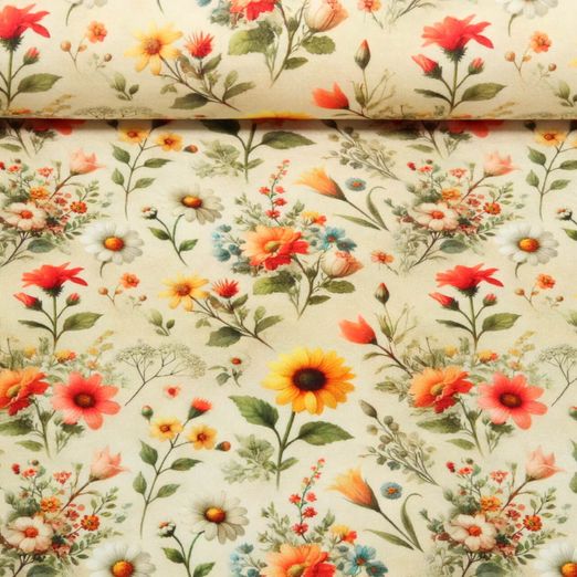 Jersey de viscose - Impression digitale Fleurs des champs Beige