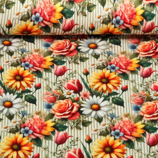 Jersey de viscose - Impression digitale Fleurs et rayures Multicolore