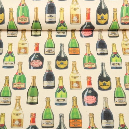 Toile de coton canevas Hugo & Hilda - Petites bouteilles de champagne Beige