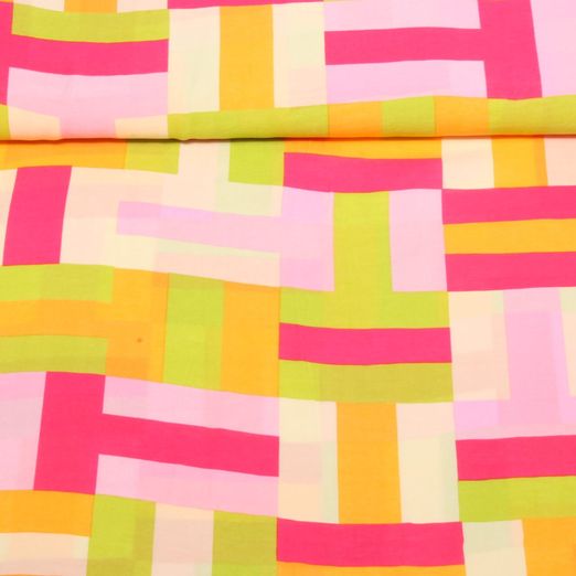 Tissu robes et blouses - Rectangles colorés Rose vif Multicolore