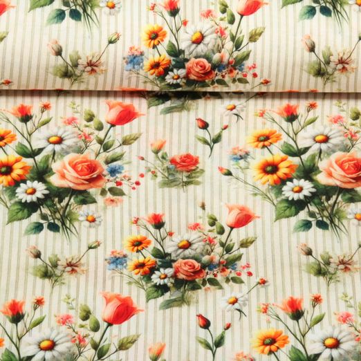 Jersey de viscose - Impression digitale Fleurs et rayures Multicolore