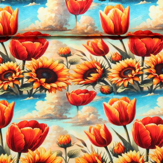 Jersey de viscose - Impression digitale Ciel et tulipes Multicolore