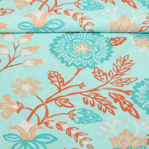 Voile de viscose - Beach Collection Fleurs et feuilles Turquoise