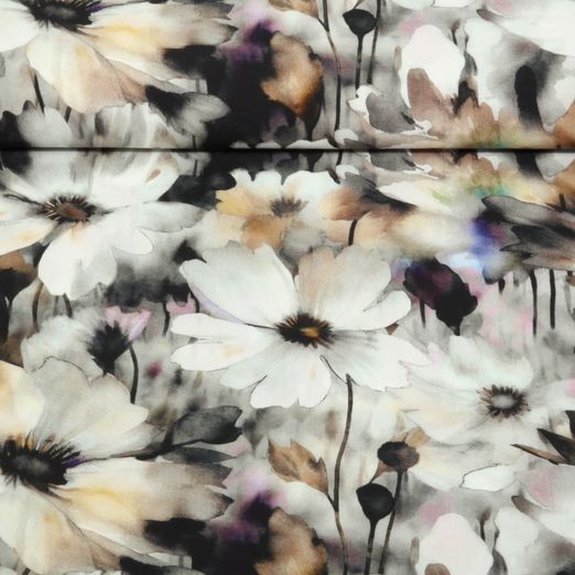 Popeline de viscose - Impression digitale Fleurs en aquarelle Gris