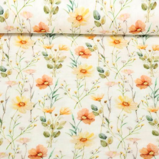 Double gaze de coton - Impression digitale Fleurs Ecru