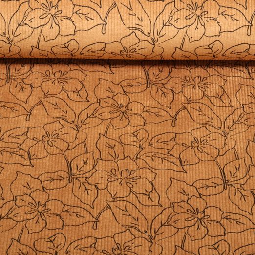 Velours côtelé stretch - Fleurs Marron