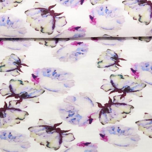 Gaze de coton - Impression digitale Fleurs Blanc Violet