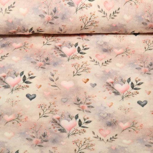 Gaze de coton - Impression digitale Fleurs coeurs Beige