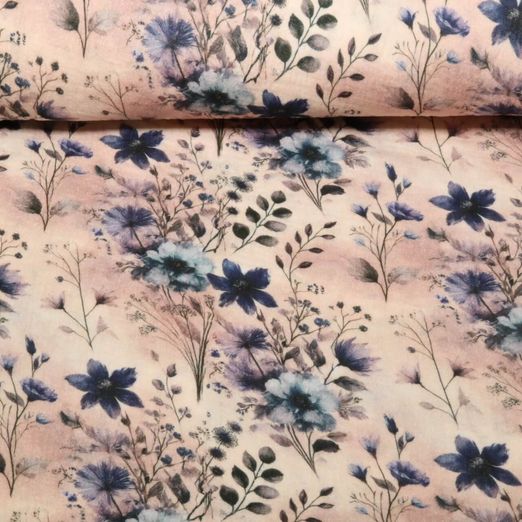 Gaze de coton - Impression digitale Fleurs des champs Beige Bleu
