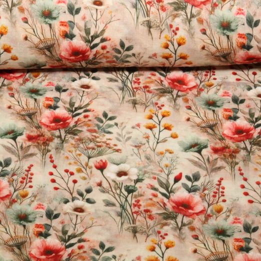 Gaze de coton - Impression digitale Coquelicots Beige