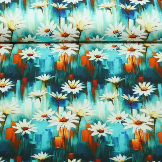 Jersey - Impression digitale Fleurs Margueriten Bleu pétrole