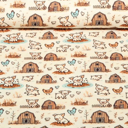 Jersey - Impression digitale Animaux de la ferme Petits cochons Naturel