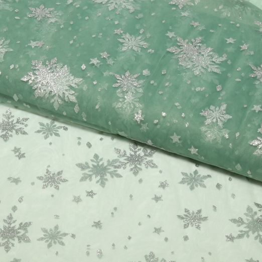Tulle souple - Cristaux de glace Menthe foncé Argenté