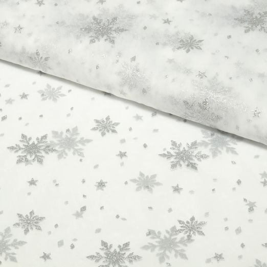 Tulle souple - Flocons Ecru Argenté
