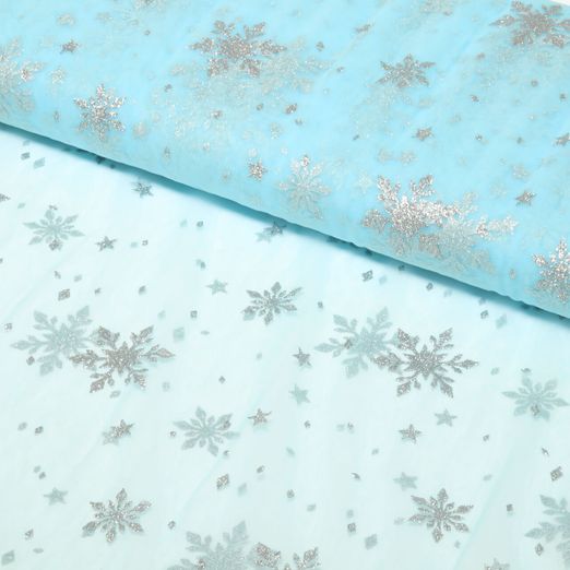 Tulle souple - Cristaux de glace Bleu ciel Argenté