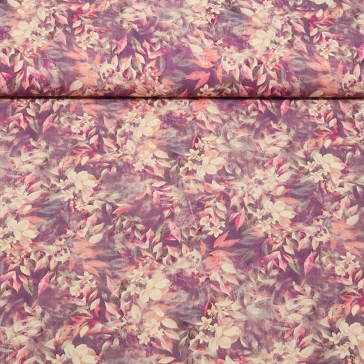 Popeline viscose - Impression digitale Feuilles Fleurs Violet