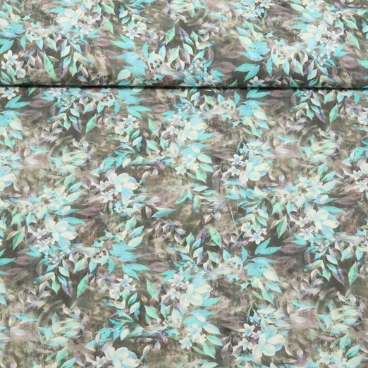 Popeline viscose - Impression digitale Feuilles Fleurs Turquoise
