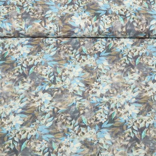 Viskose-Popeline - Digitaldruck Blätter Blumen Hellblau